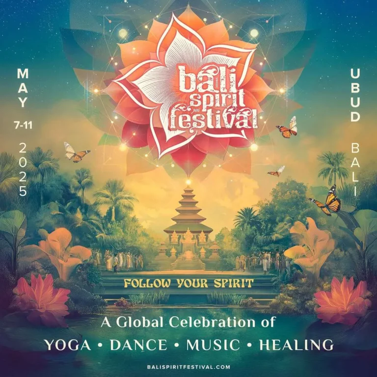 colorful poster for the 2025 bali spirit festival in ubud showcasing a lotus design butterflies and lush tropical scenery. dates may 7 11. activities include yoga dance music and healing 768x768